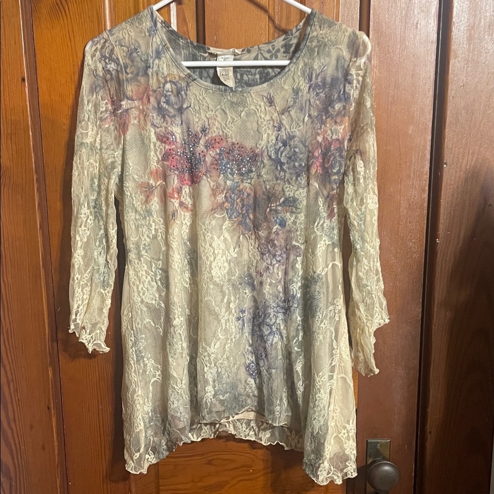 Brittany Black Floral Lace Blouse in Cream and Pink